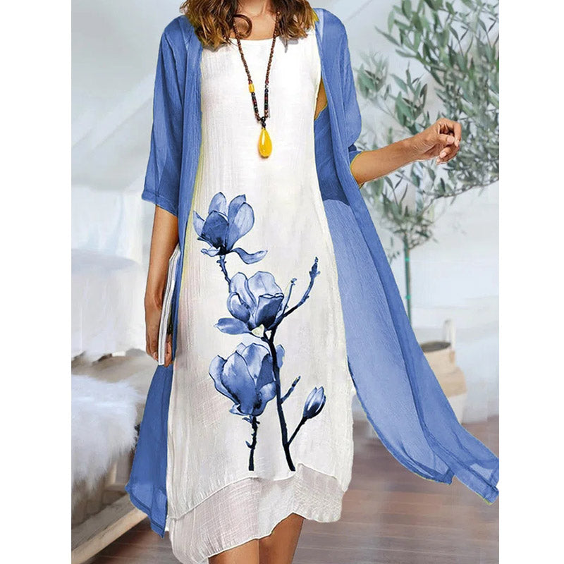 Round Neck Two Piece Floral Linen Casual Midi Dresses Image 3