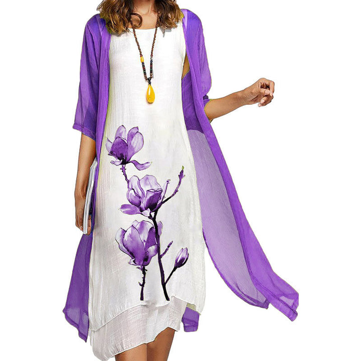 Round Neck Two Piece Floral Linen Casual Midi Dresses Image 4