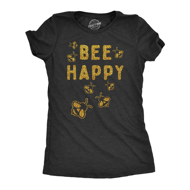 Womens Bee Happy Glitter T Shirt Cute Earth Day Bee Graphic Novelty Tee For Ladies Image 1