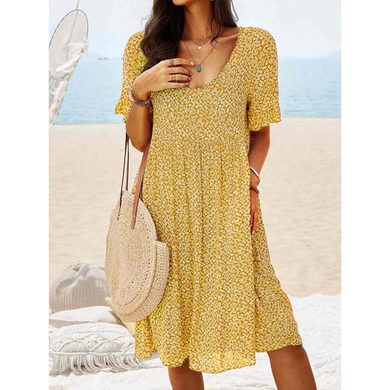 Women Floral Printed Short Sleeve Vintage Boho Weaving Dress Image 1