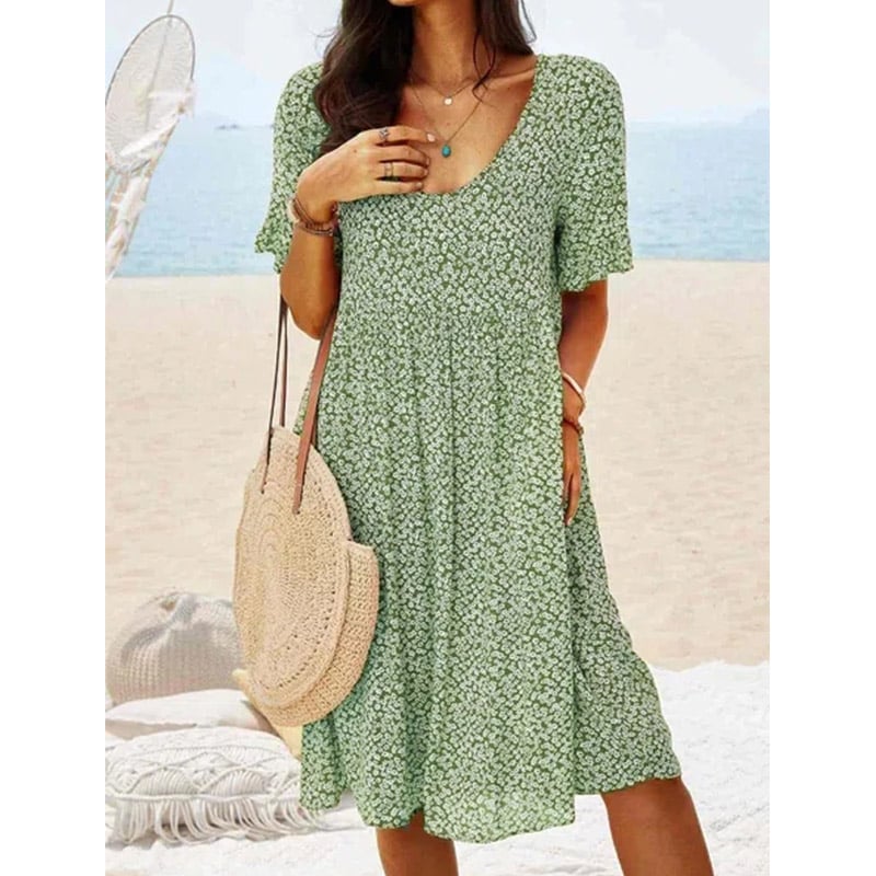 Women Floral Printed Short Sleeve Vintage Boho Weaving Dress Image 1