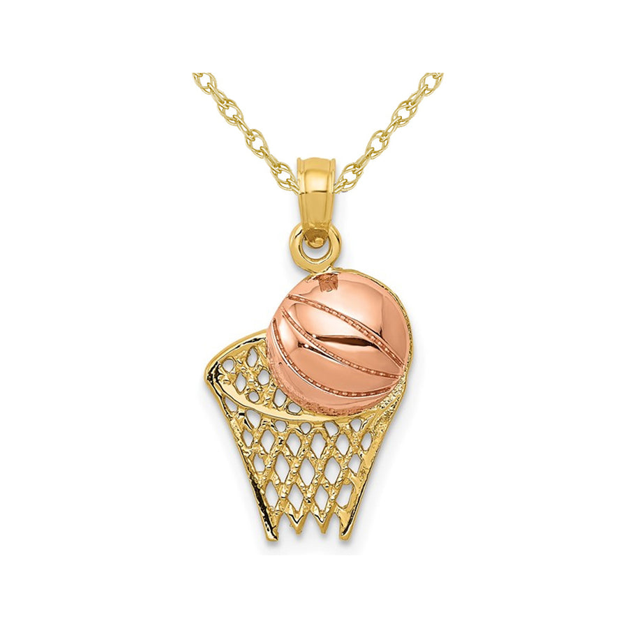 14K Yellow and Rose Gold Basketball and Hoop Pendant Necklace with Chain Image 1