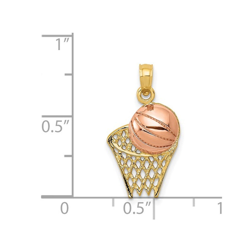 14K Yellow and Rose Gold Basketball and Hoop Pendant Necklace with Chain Image 2