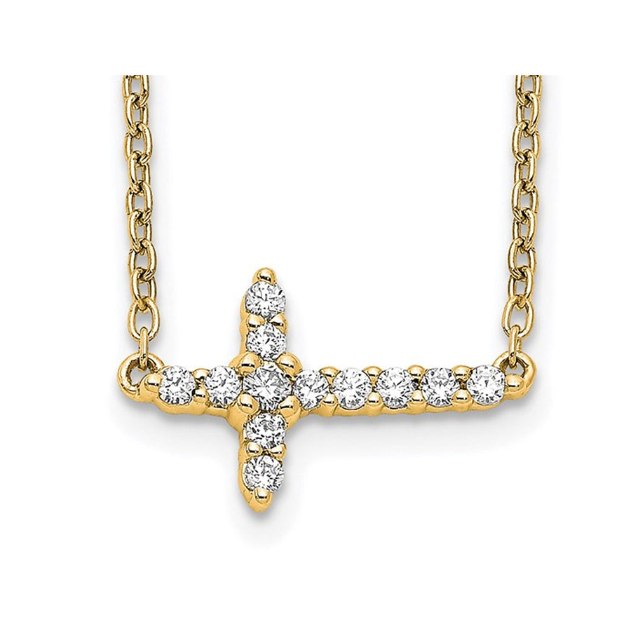 1/7 Carat (ctw) Lab-Grown Diamond Sideways Cross Pendant Necklace in 14K Yellow Gold with Chain Image 1