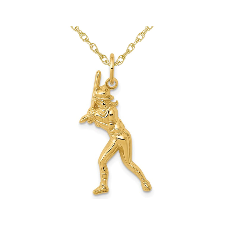 14K Yellow Gold Baseball Player Charm Pendant Necklace with Chain Image 1