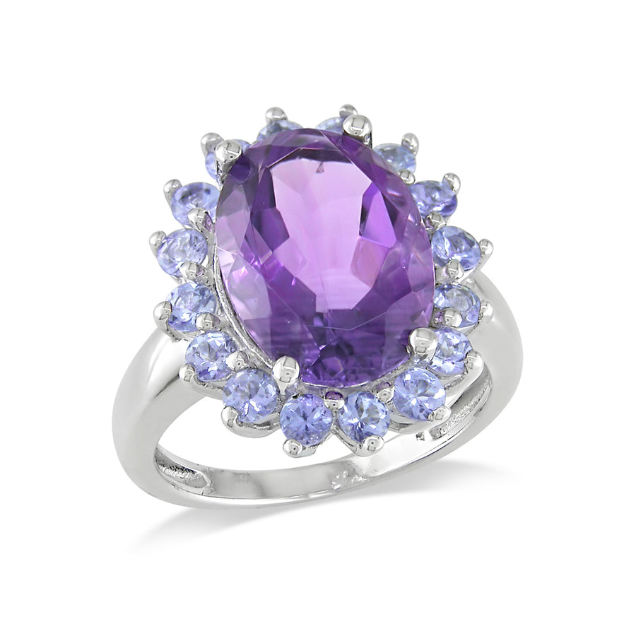 5.90 Carat (ctw) Amethyst and Tanzanite Halo Cocktail Ring in Sterling Silver Image 1