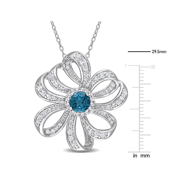 2.20 Carat (ctw) London Blue Topaz and White Topaz Flower Pendant Necklace in Sterling Silver with Chain Image 2