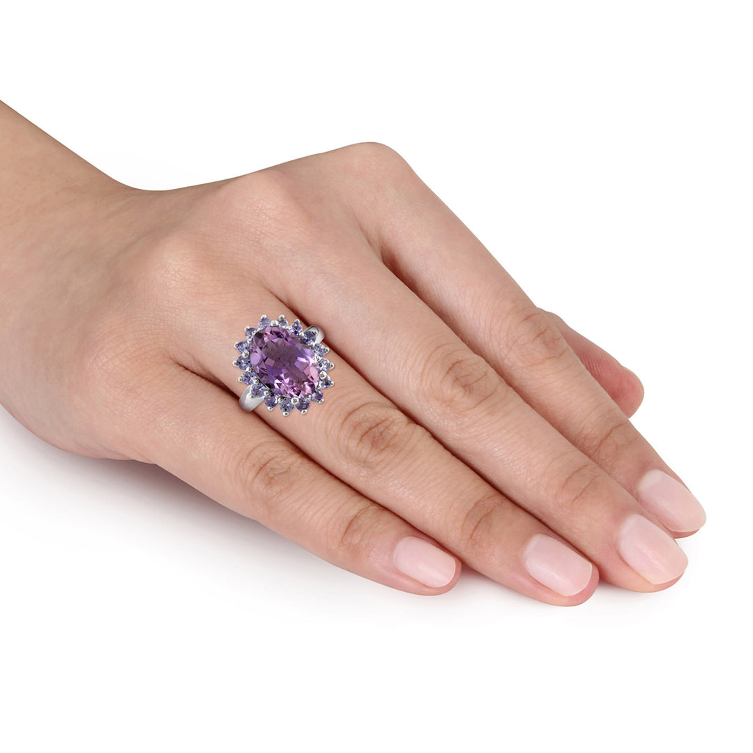 5.90 Carat (ctw) Amethyst and Tanzanite Halo Cocktail Ring in Sterling Silver Image 4