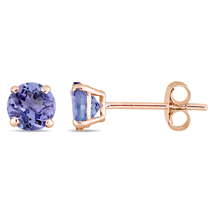 1.05 Carat (ctw) Solitaire Tanzanite Earrings in 14K Rose Pink Gold with Accent Diamonds Image 1