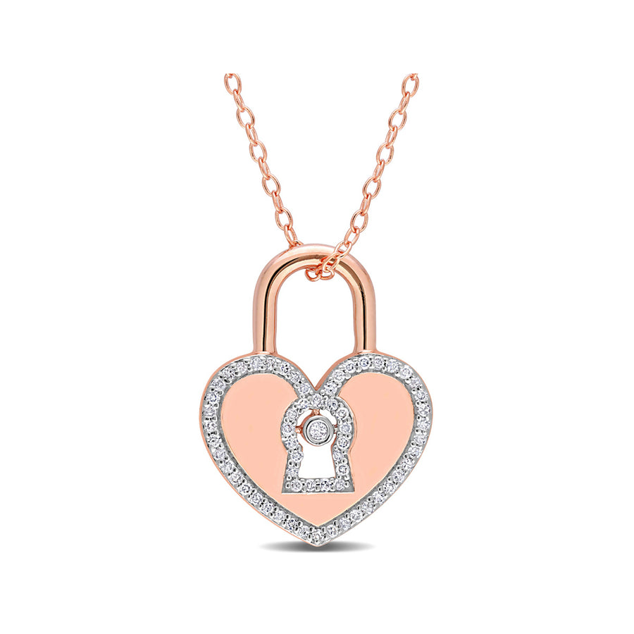 1/5 Carat (ctw) Diamond Heart Lock Pendant Necklace in Pink Plated Sterling Silver with Chain Image 1