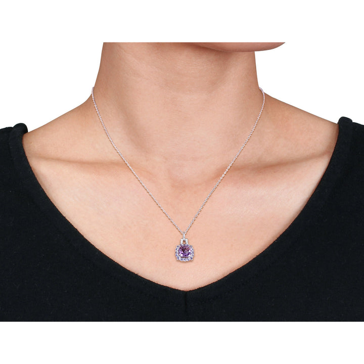 2.30 Carat (ctw) Amethyst and Tanzanite Halo Pendant Necklace in Sterling Silver with Chain Image 3