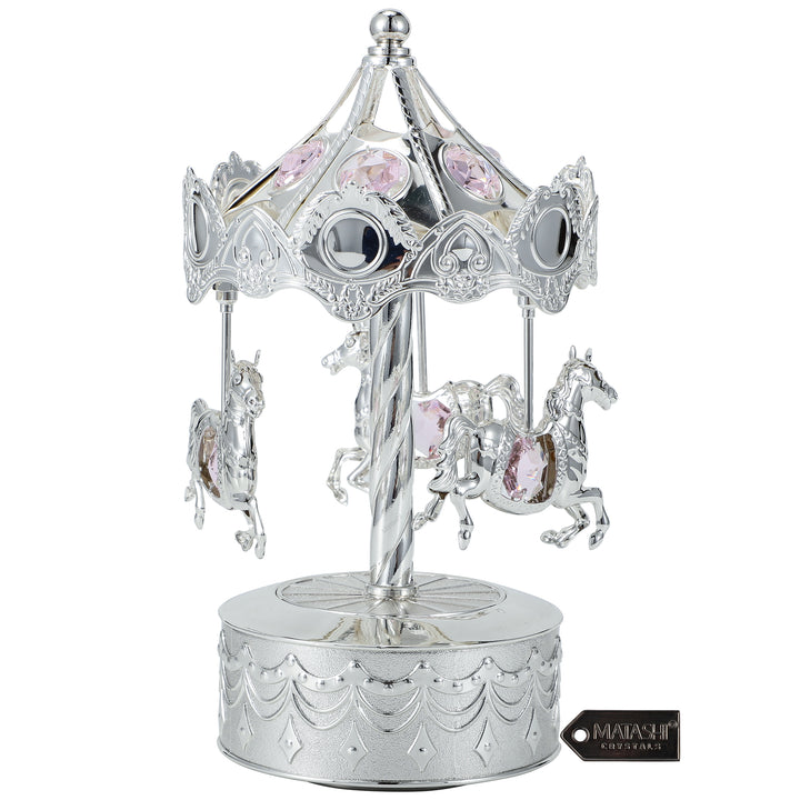 Matashi Silver Plated Music Box with Crystal Studded Silver Carousel with Horses Figurine Image 3