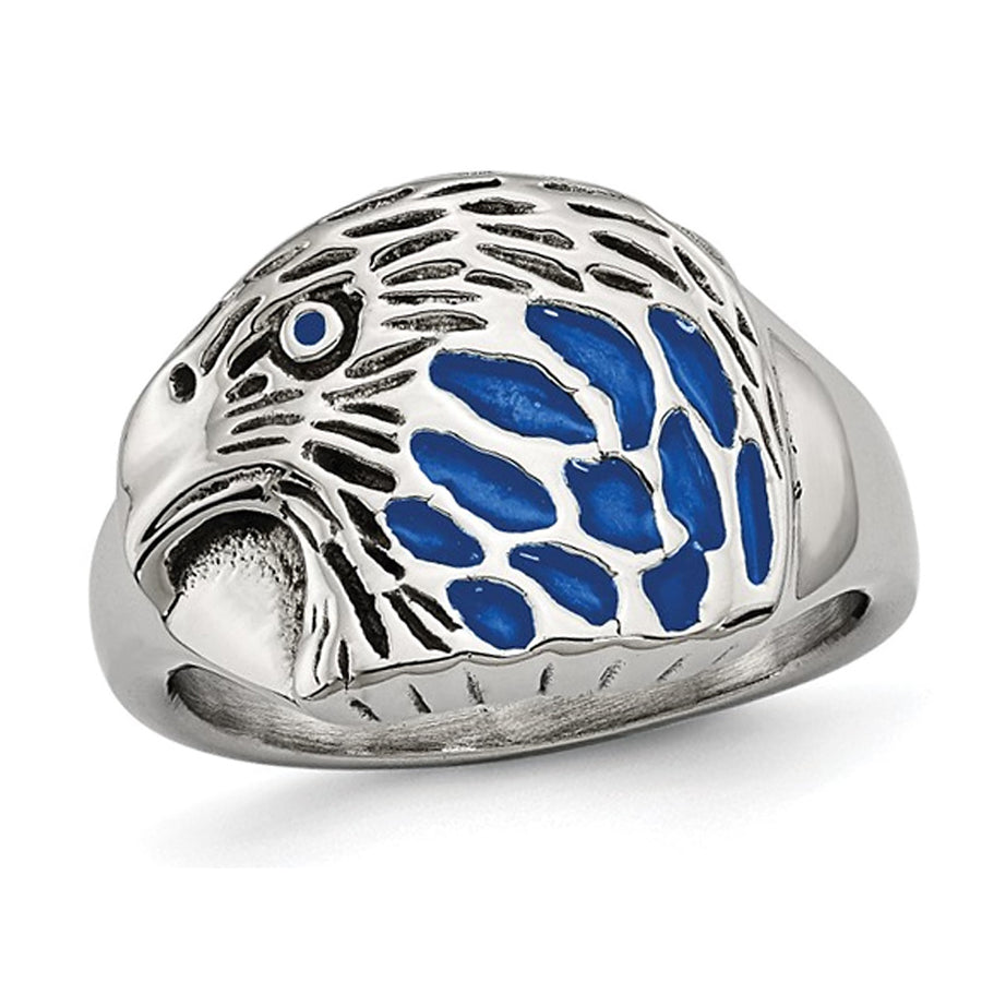 Mens Textured Blue Enamel Eagle Ring in Stainless Steel Image 1