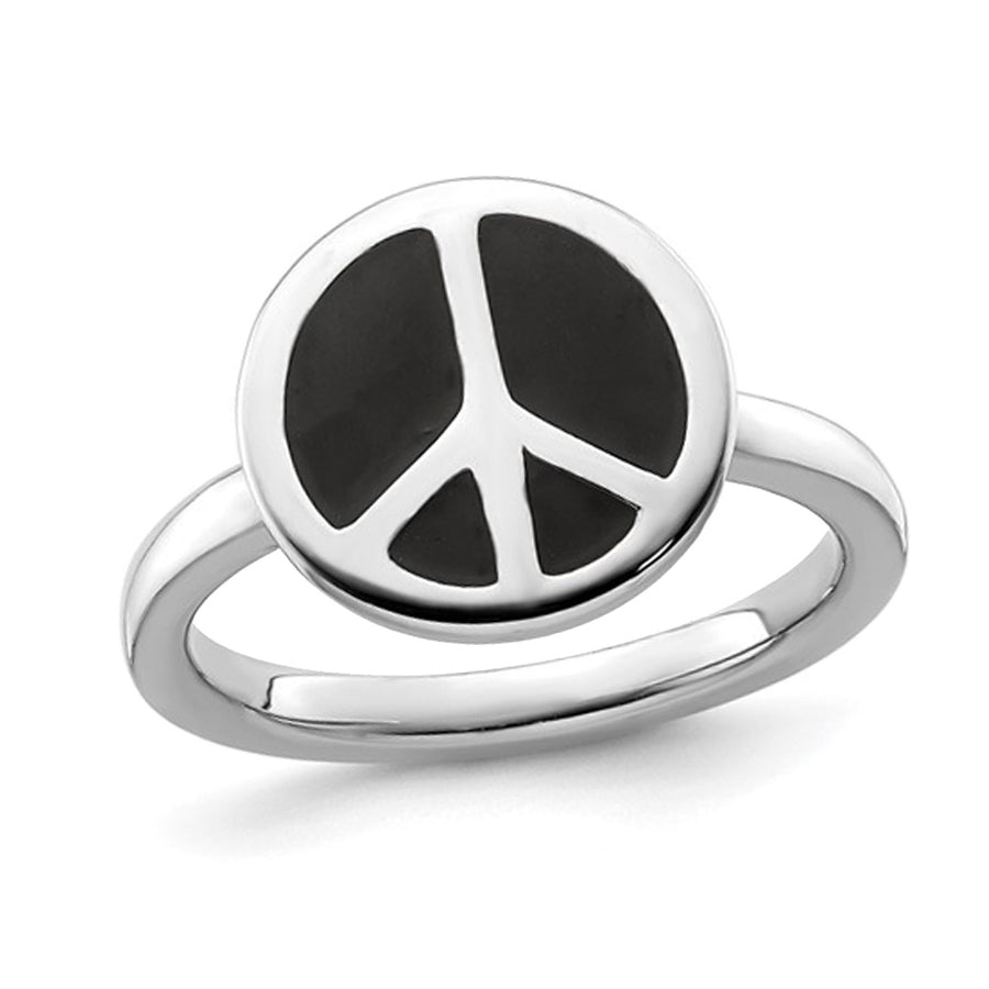 Black Enamel Peace Sign Ring in Sterling Silver Image 1