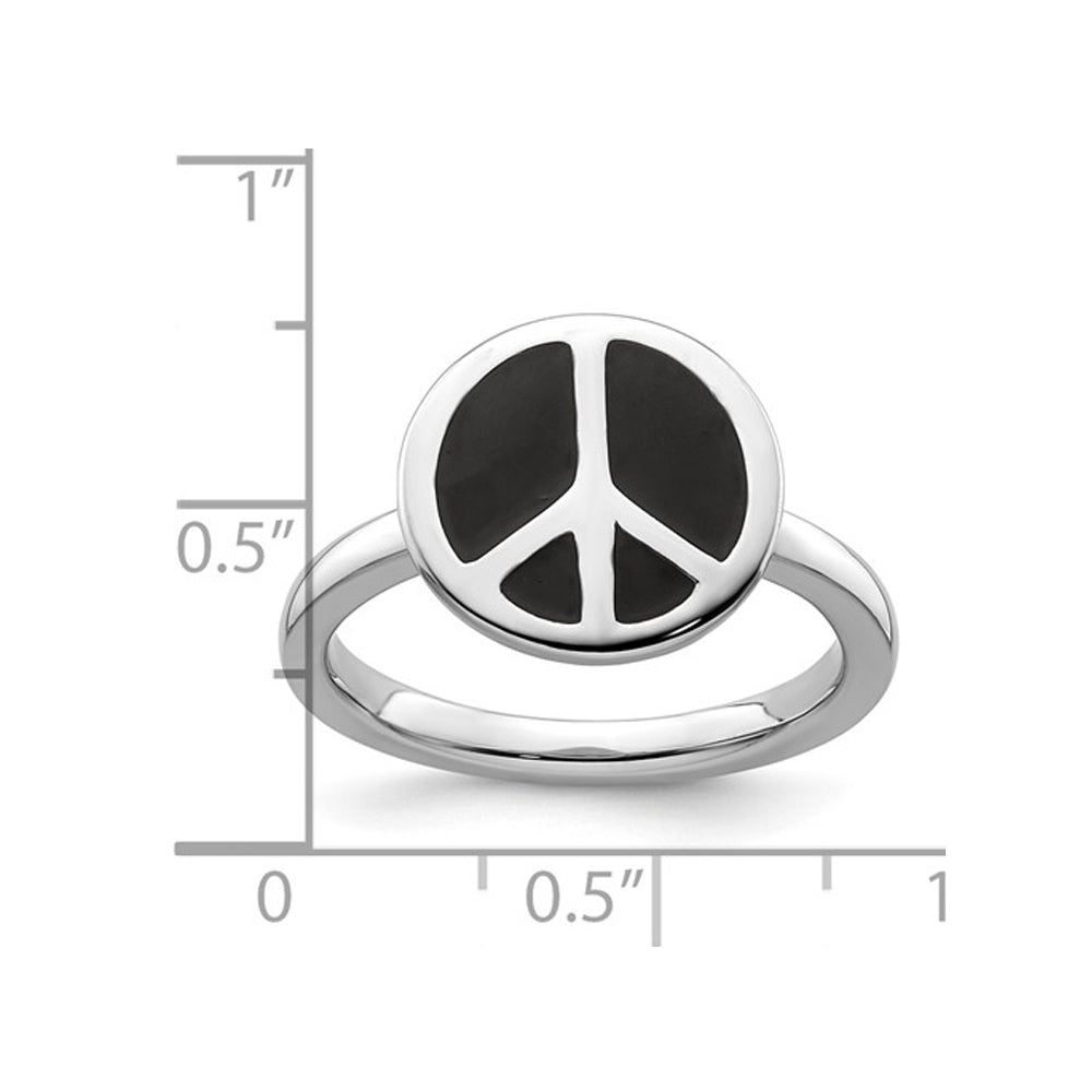 Black Enamel Peace Sign Ring in Sterling Silver Image 3