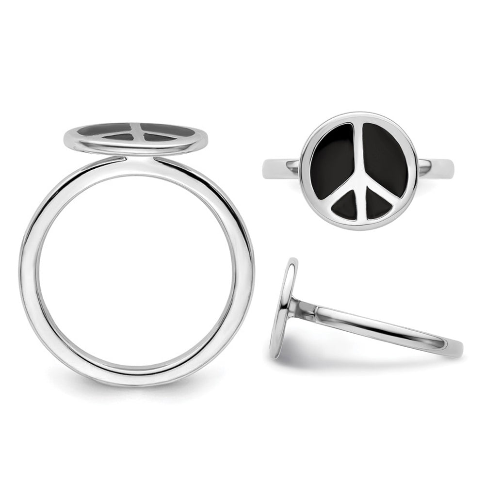Black Enamel Peace Sign Ring in Sterling Silver Image 4