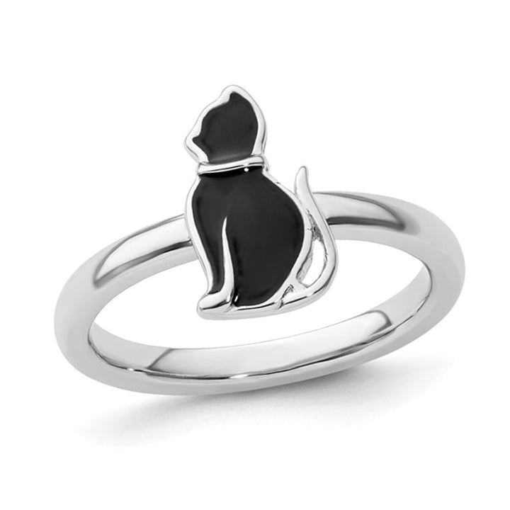 Sterling Silver Black Enameled Cat Ring Image 1