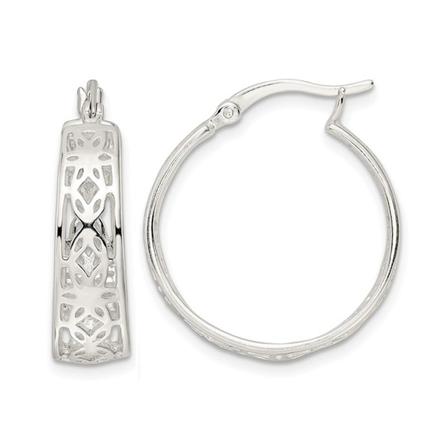 Sterling Silver Floral Polished Hoop Earrings Image 1