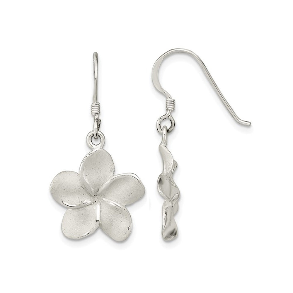 Sterling Silver Plumeria Floral Shephard Hook Dangle Earrings Image 1