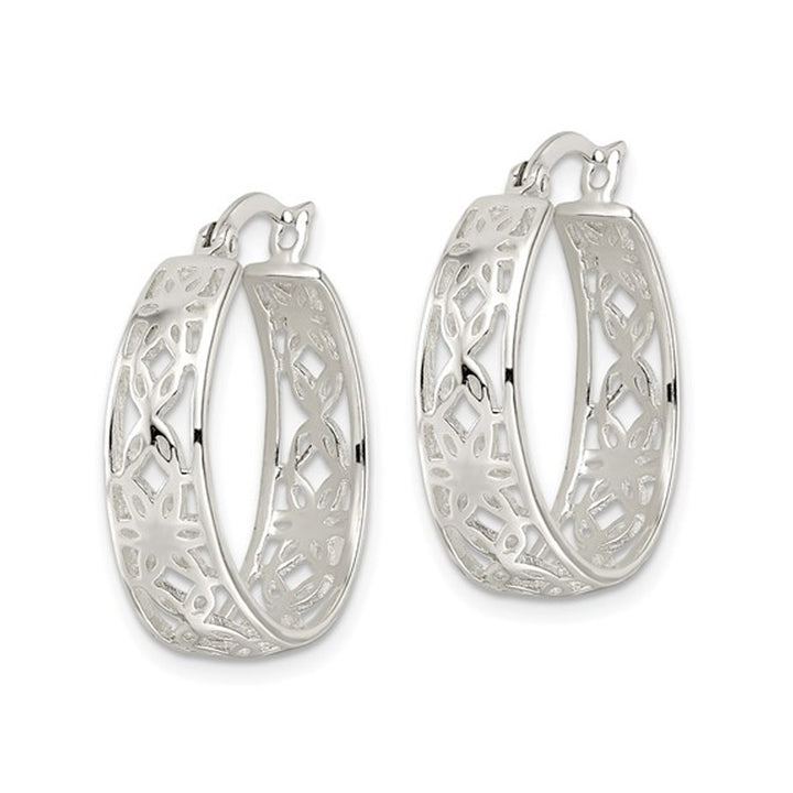 Sterling Silver Floral Polished Hoop Earrings Image 3