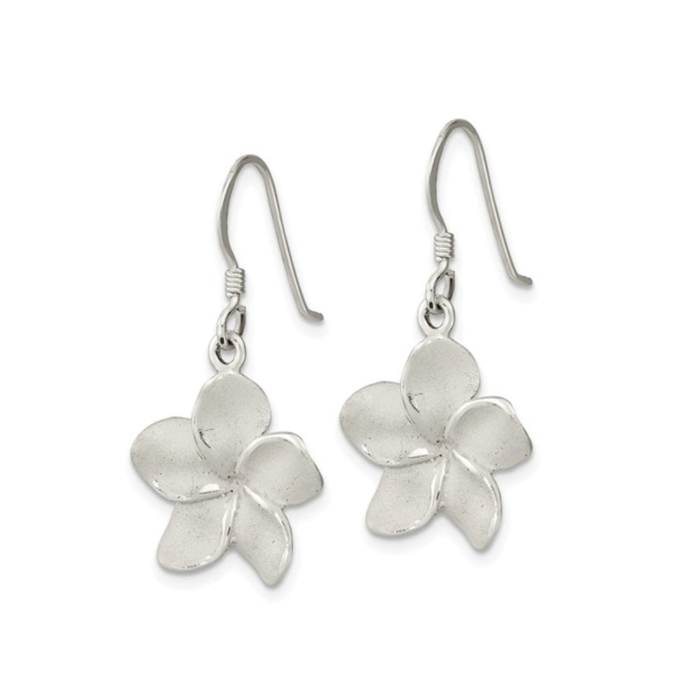 Sterling Silver Plumeria Floral Shephard Hook Dangle Earrings Image 3