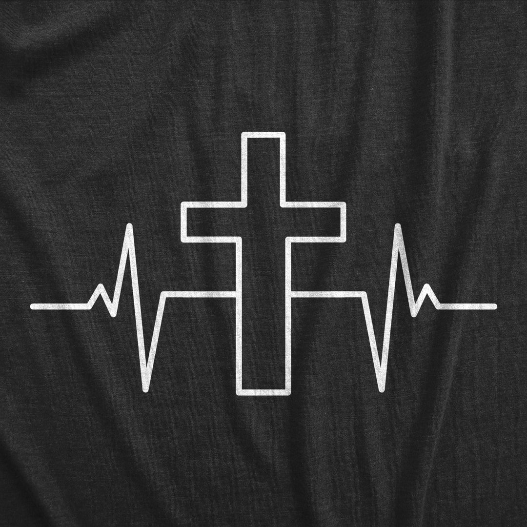 Mens Cross Heart Beat T Shirt Funny Cool Pulse Monitor Religious Tee For Guys Image 2