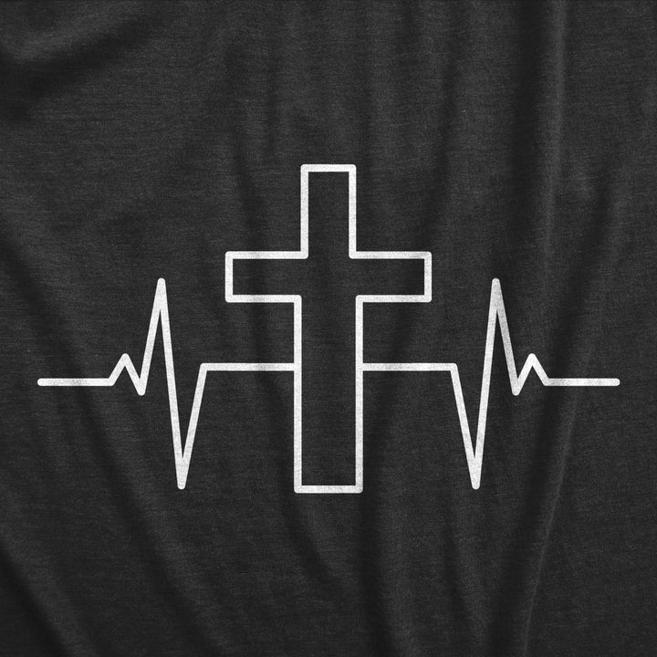 Mens Cross Heart Beat T Shirt Funny Cool Pulse Monitor Religious Tee For Guys Image 2