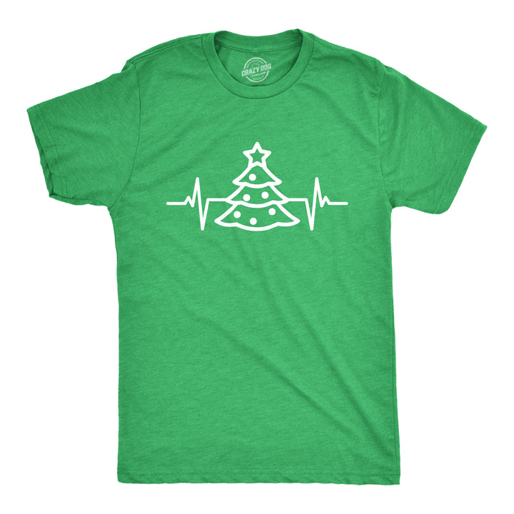 Mens Christmas Tree Heart Beat T Shirt Funny Cool Xmas Party Tee For Guys Image 1