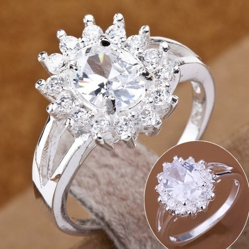 Womens Fashion OL Luxury Shiny Zircon Sun Flower Silver Plated Ring Jewelry Gift Image 1