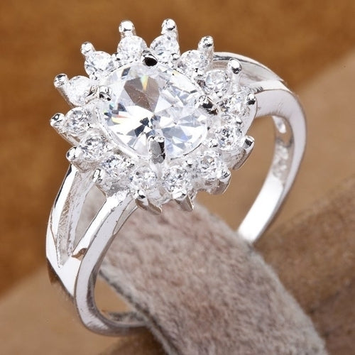 Womens Fashion OL Luxury Shiny Zircon Sun Flower Silver Plated Ring Jewelry Gift Image 3