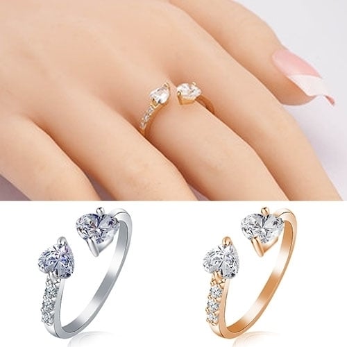 Womens Double Love Heart Open Ring Shiny Zircon Copper Wedding Bridal Jewelry Image 2