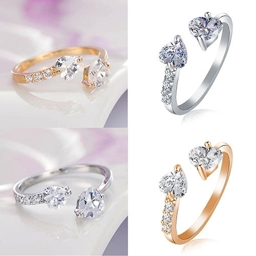 Womens Double Love Heart Open Ring Shiny Zircon Copper Wedding Bridal Jewelry Image 3