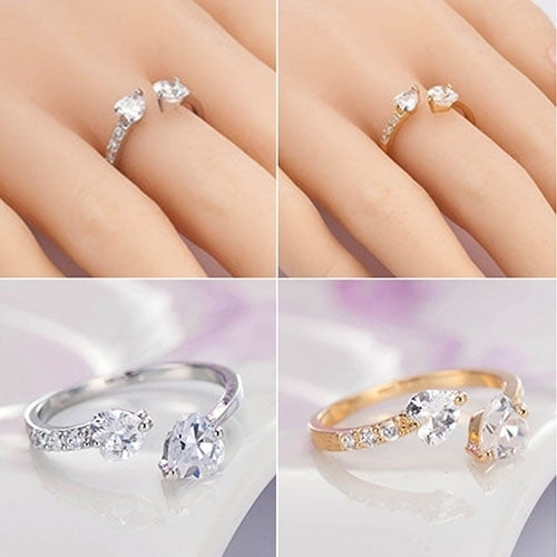 Womens Double Love Heart Open Ring Shiny Zircon Copper Wedding Bridal Jewelry Image 4