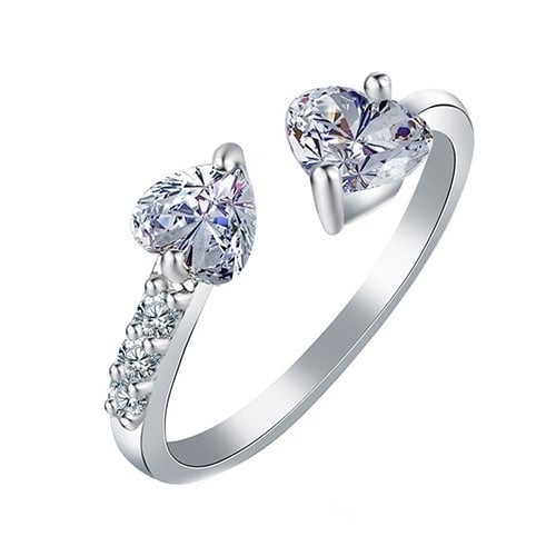 Womens Double Love Heart Open Ring Shiny Zircon Copper Wedding Bridal Jewelry Image 6