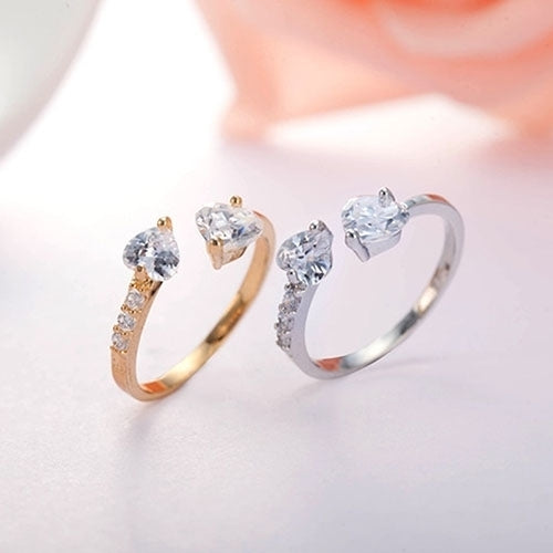 Womens Double Love Heart Open Ring Shiny Zircon Copper Wedding Bridal Jewelry Image 9