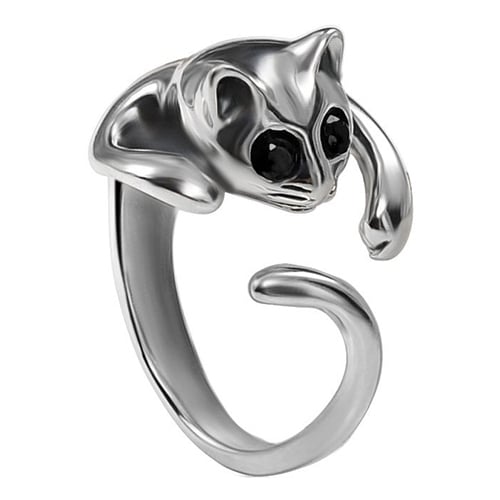 Women Lovely Silver Plated Kitten Cat Animal Rhinestone Eyes Open Knuckle Ring Image 1