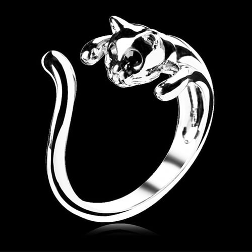 Women Lovely Silver Plated Kitten Cat Animal Rhinestone Eyes Open Knuckle Ring Image 2