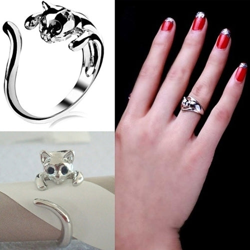 Women Lovely Silver Plated Kitten Cat Animal Rhinestone Eyes Open Knuckle Ring Image 3