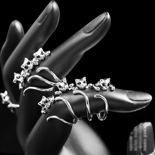 Women Lovely Silver Plated Kitten Cat Animal Rhinestone Eyes Open Knuckle Ring Image 4