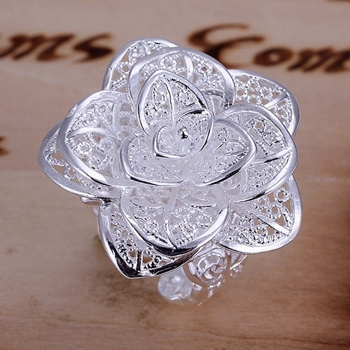 Lady Girl Elegant Silver Plated Hollow Out Flower Shaped Opening Finger Ring Image 4