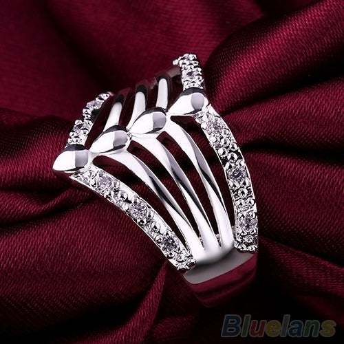 Mens Womens Multilayer Hollow Silver Plated Wedding Party CZ Wedding Ring Image 1