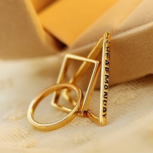 3Pcs Womens Cute Golden Geometric Triangle Square Circle Combination Rings Set Image 8