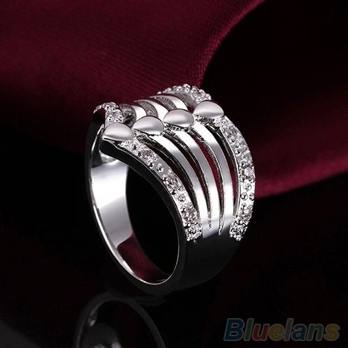 Mens Womens Multilayer Hollow Silver Plated Wedding Party CZ Wedding Ring Image 4