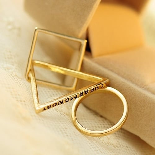 3Pcs Womens Cute Golden Geometric Triangle Square Circle Combination Rings Set Image 10