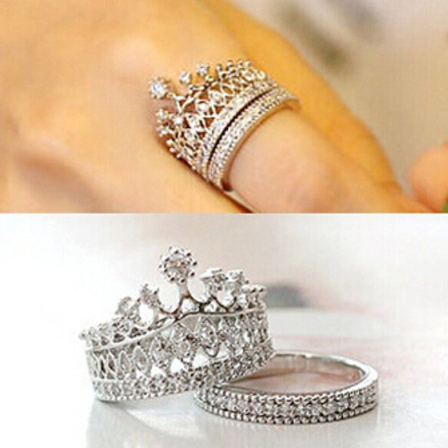 2 Pcs Women Fashion Crown Tiara Ring Inlaid Fully Rhinestone Alloy Jewelry Gift Image 1