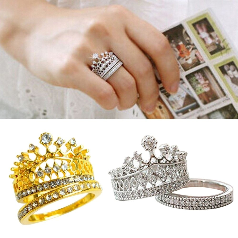 2 Pcs Women Fashion Crown Tiara Ring Inlaid Fully Rhinestone Alloy Jewelry Gift Image 2