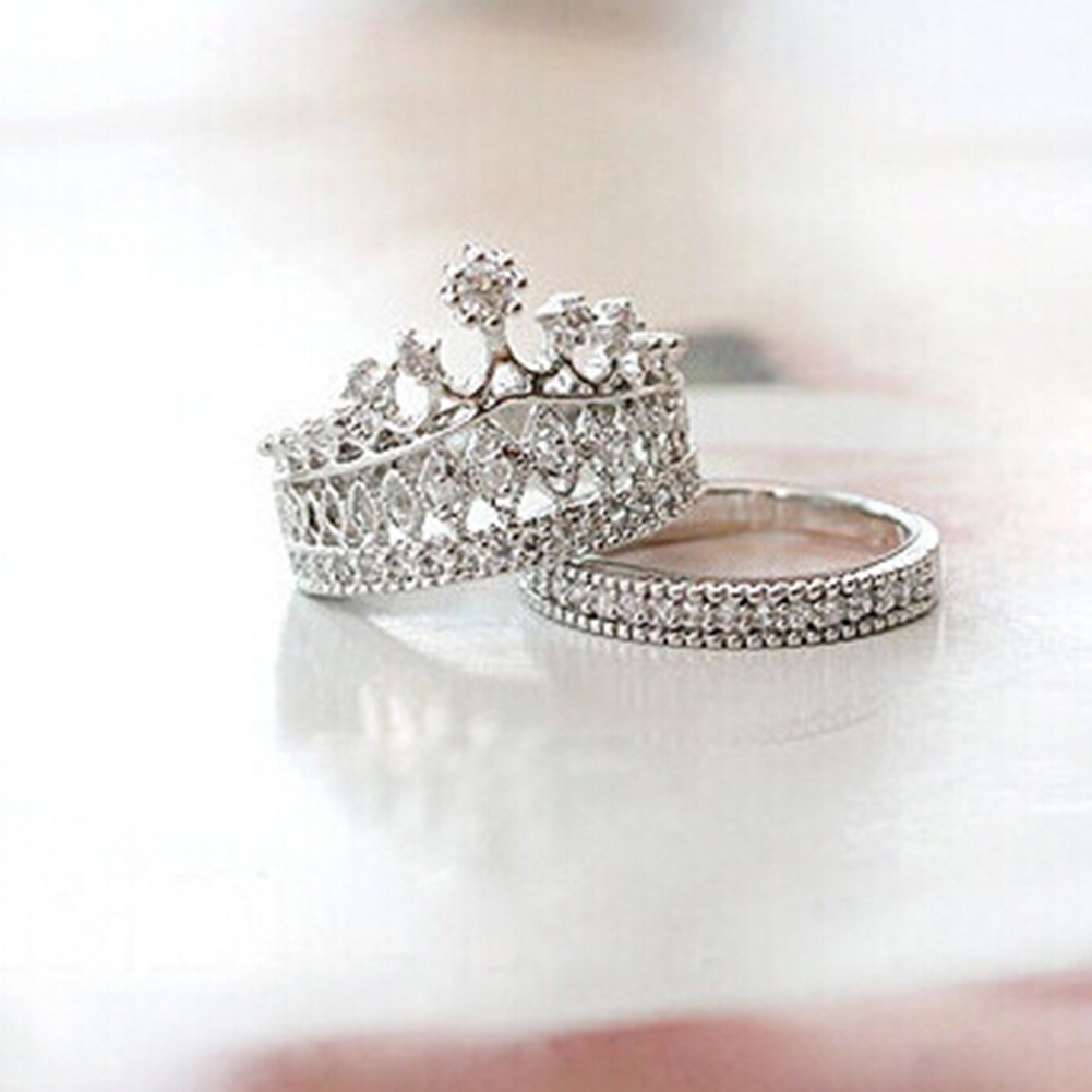 2 Pcs Women Fashion Crown Tiara Ring Inlaid Fully Rhinestone Alloy Jewelry Gift Image 3