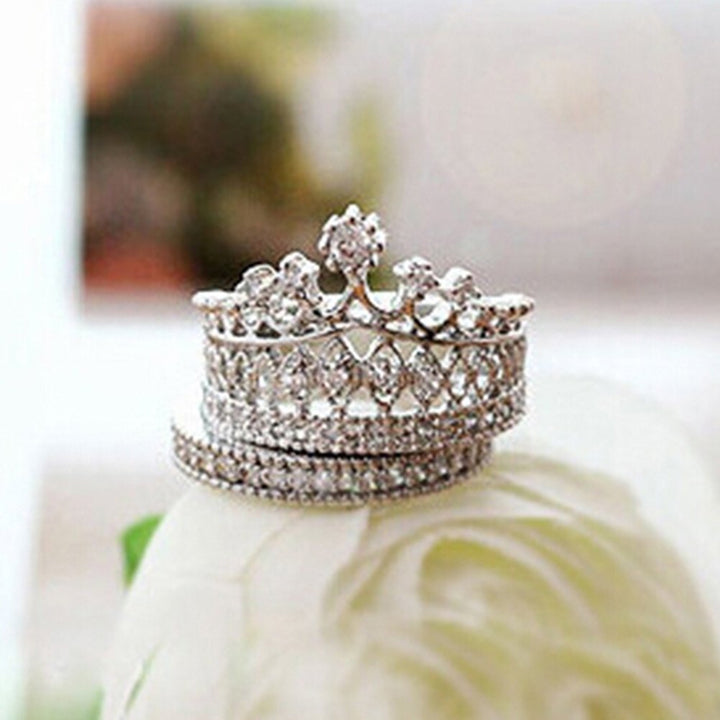 2 Pcs Women Fashion Crown Tiara Ring Inlaid Fully Rhinestone Alloy Jewelry Gift Image 7