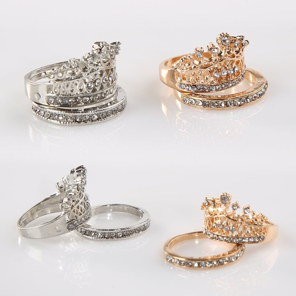 2 Pcs Women Fashion Crown Tiara Ring Inlaid Fully Rhinestone Alloy Jewelry Gift Image 11