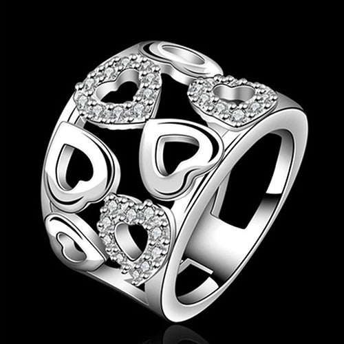 Women 925 Sterling Silver Plated Rhinestone Wide Band Cluster Hollow Heart Ring Image 1